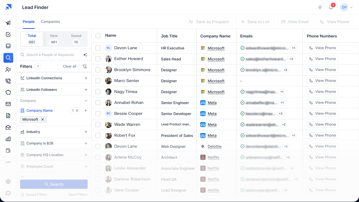 Saleshandy Lead Finder showing company filters, verified email addresses, phone numbers, and a list of prospects.
