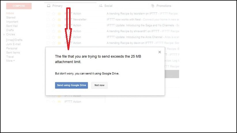 Gmail Attachment limit popup