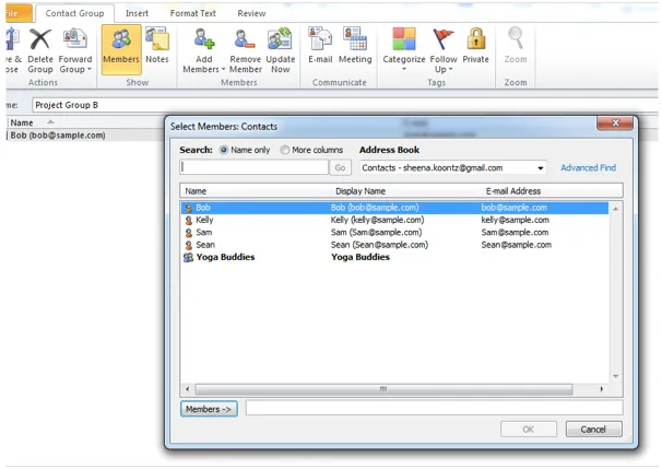 group contact select outlook