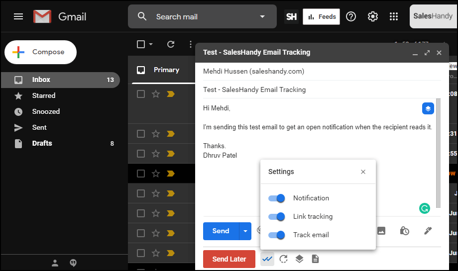 Gmail Email tracking using SalesHandy