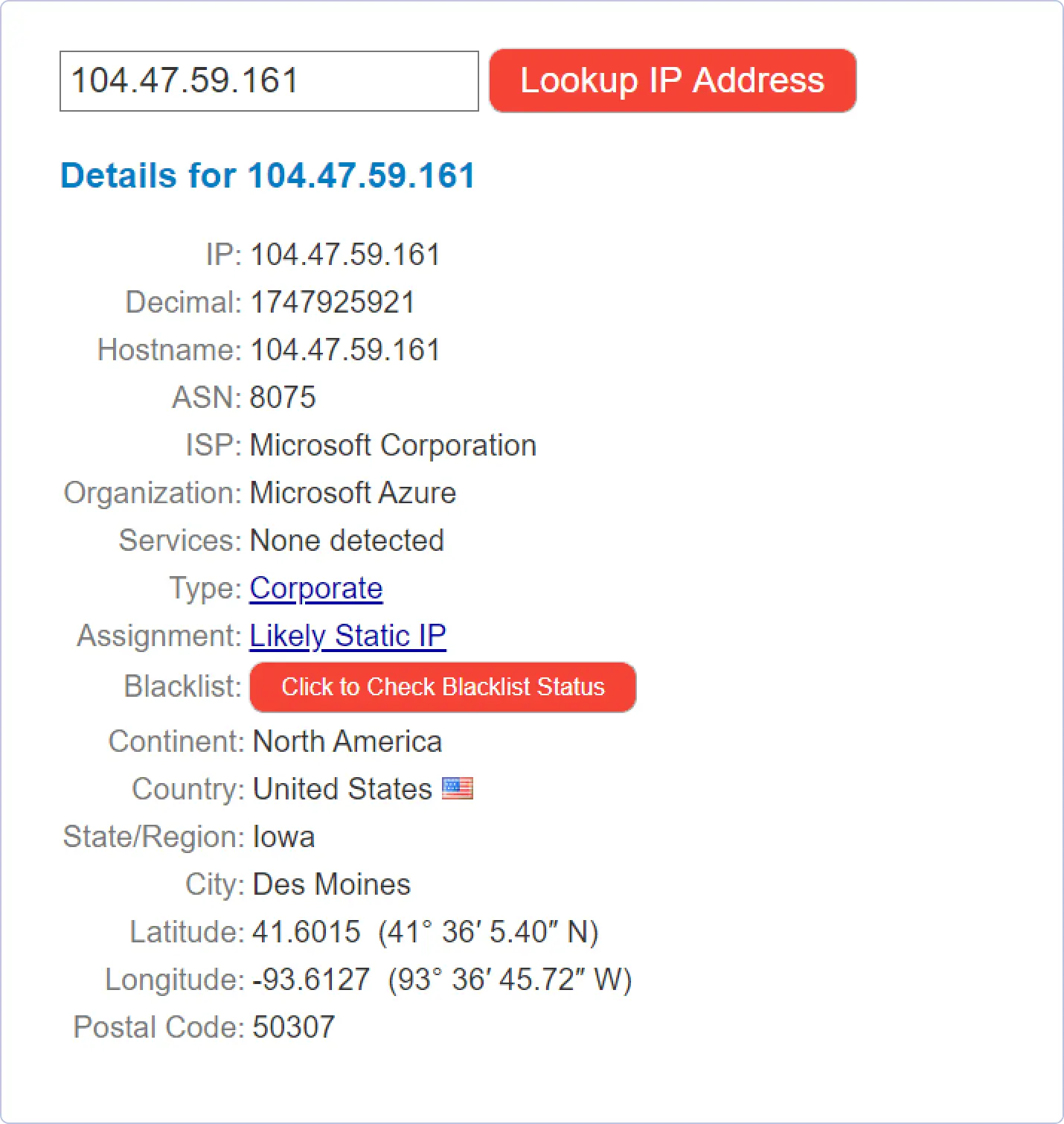 Email address verification using IP address lookup method