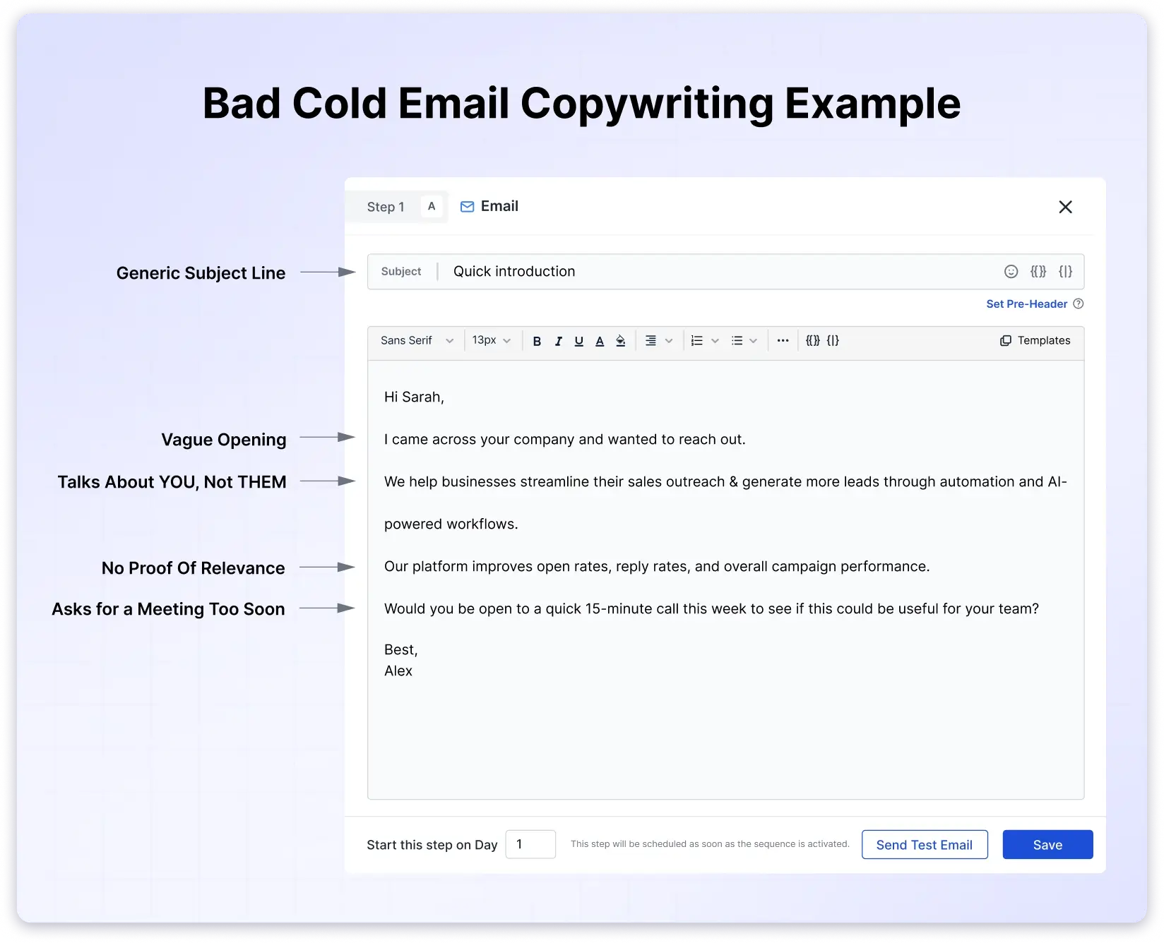 Example of bad cold email copywriting