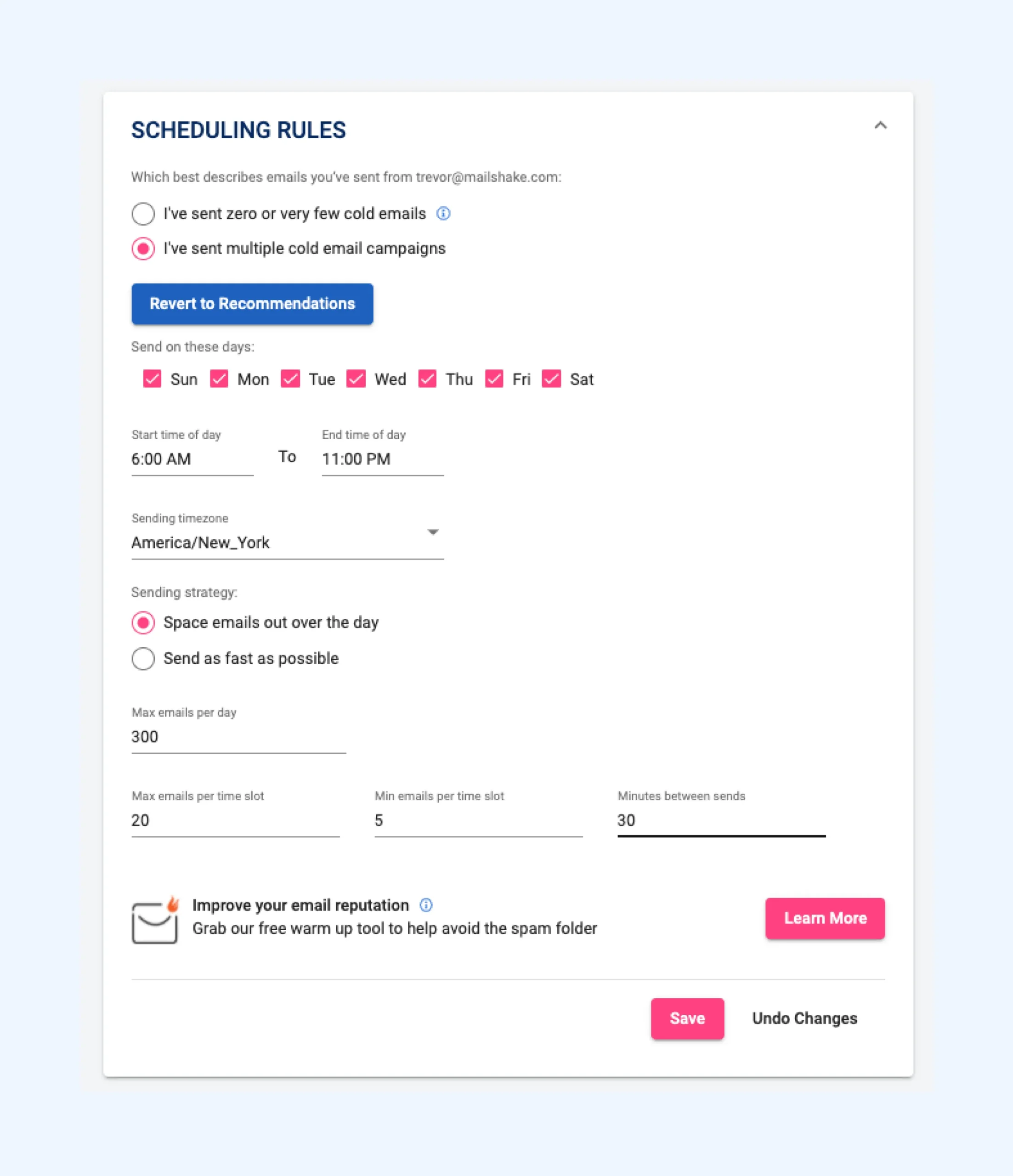 Mailshake - email automation tool - scheduling rules