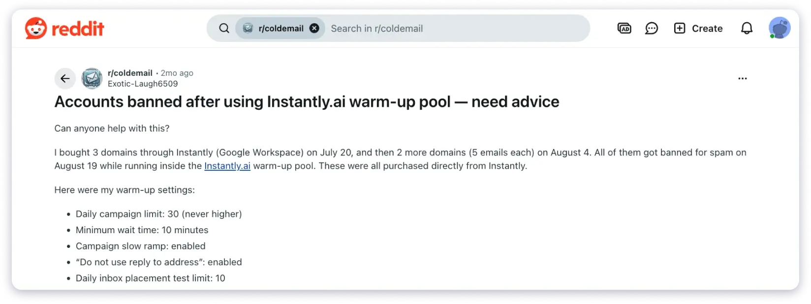 Instantly's pre-warmed up review on reddit