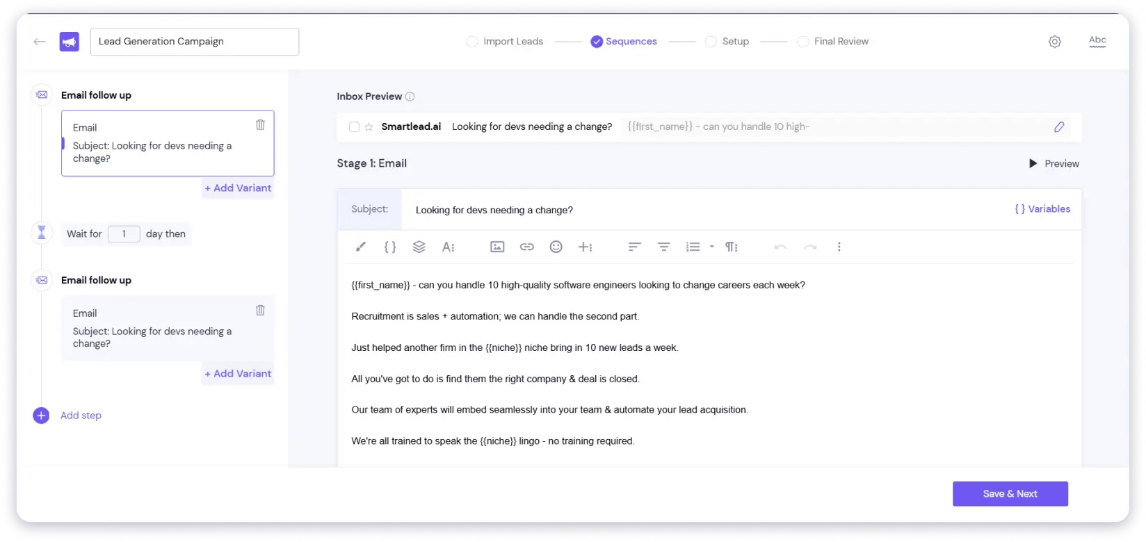 Smartlead's sequence builder