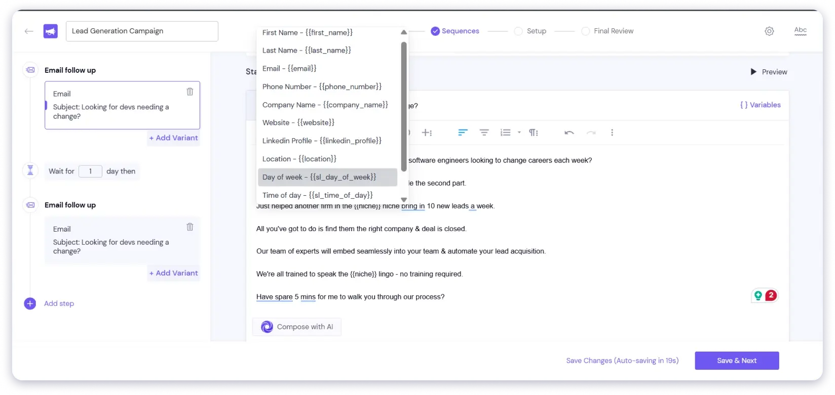 Smartlead's personalization feature