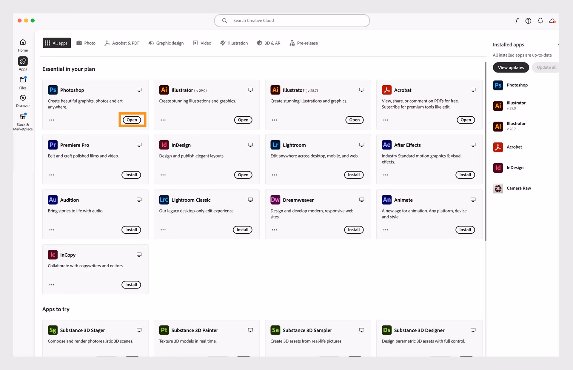Adobe Creative Cloud dashboard
