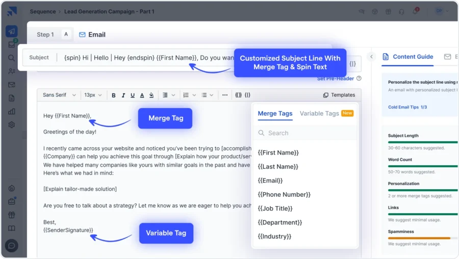 Personalized email with merge tags, variable tags, and other elements