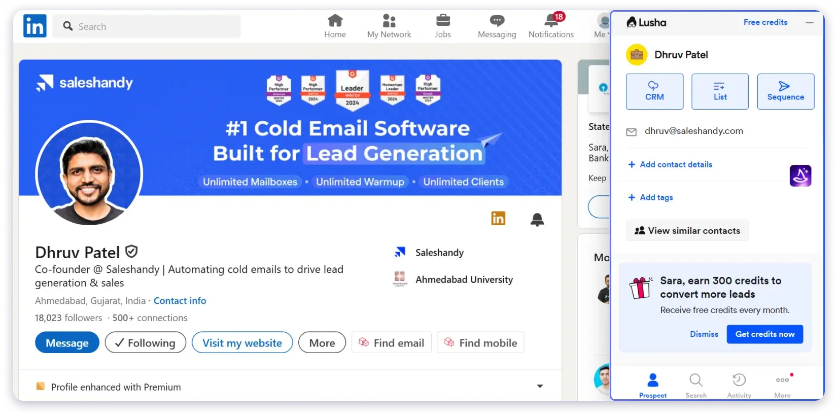 Lusha's Extension on LinkedIn