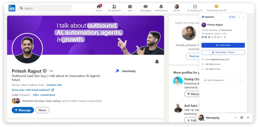 Prospecting with Saleshandy extension on LinkedIn