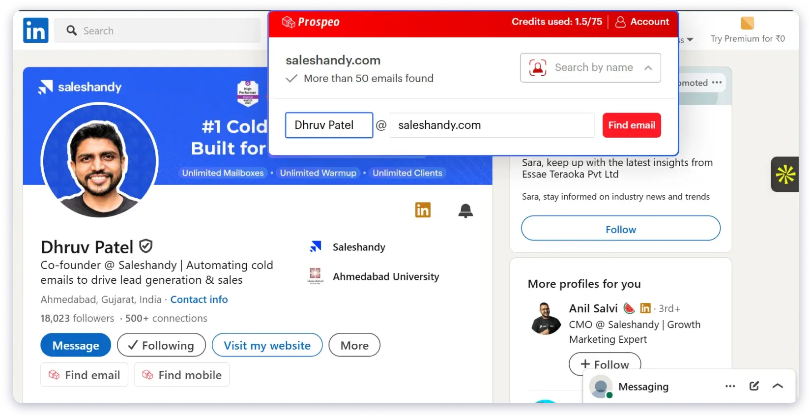 Prospeo's prospecting extension on LinkedIn