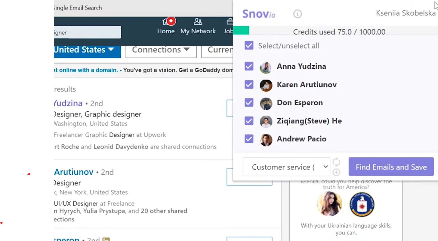Snov's LinkedIn extension