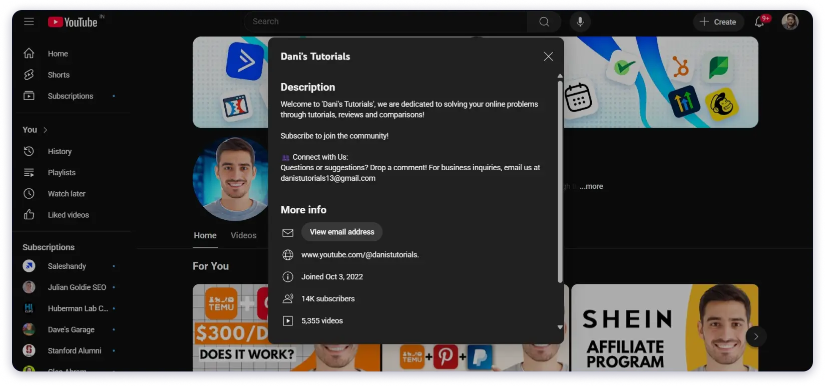 Search Email Address on YouTube
