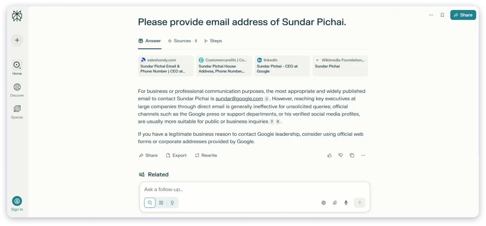 Find Email Address from Perplexity AI Chatbot