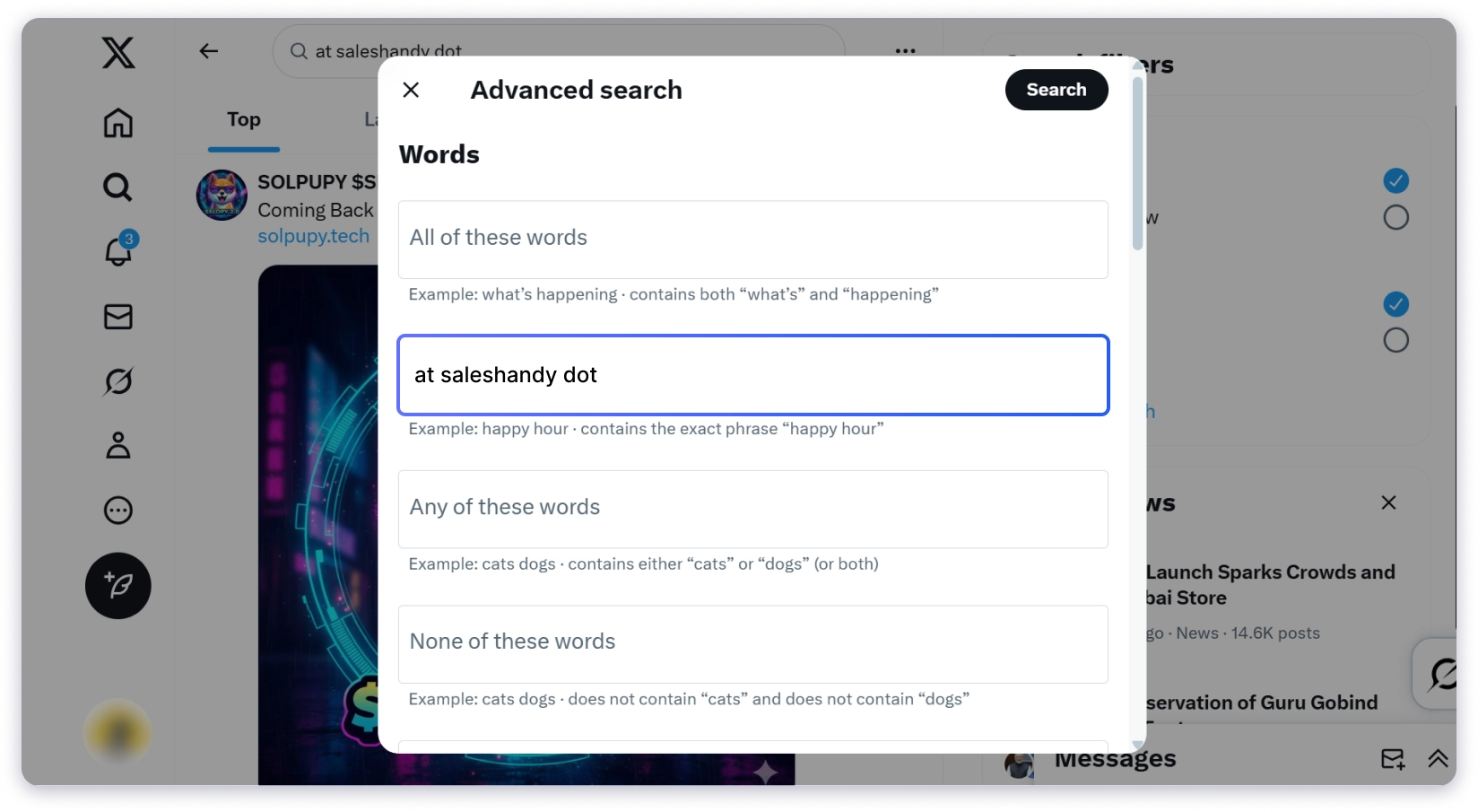 Find emails with Twitter's Advance search