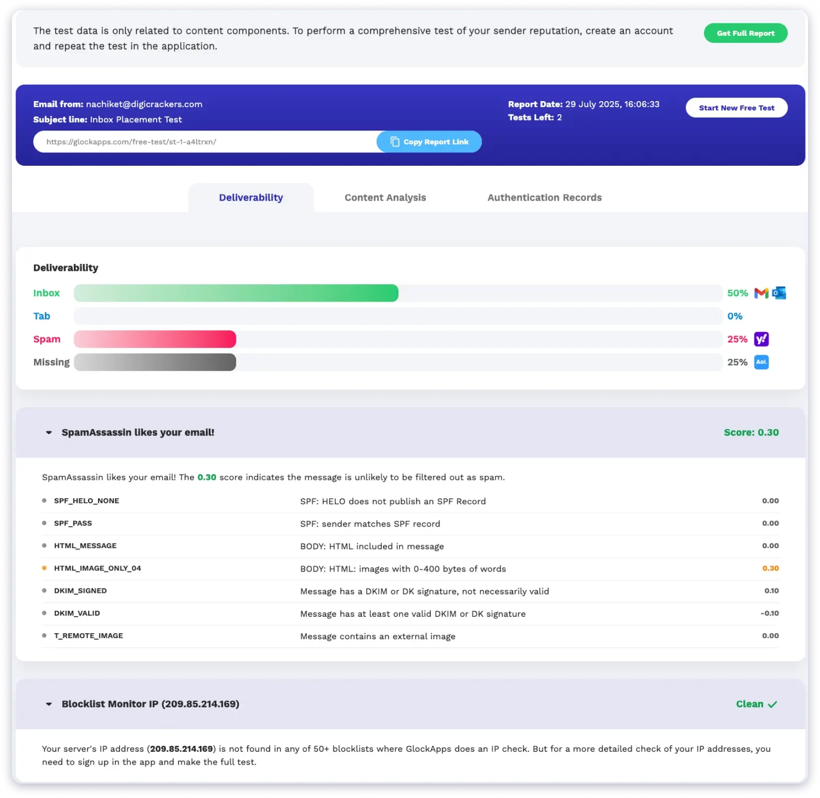 GlockApps Inbox Insight Feature