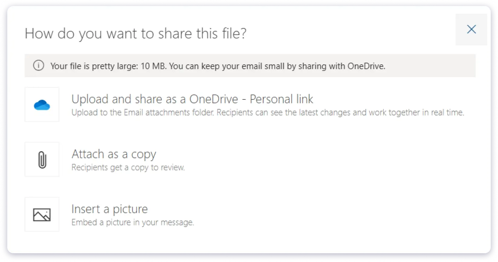 Option to Upload Large File in One Drive for Outlook