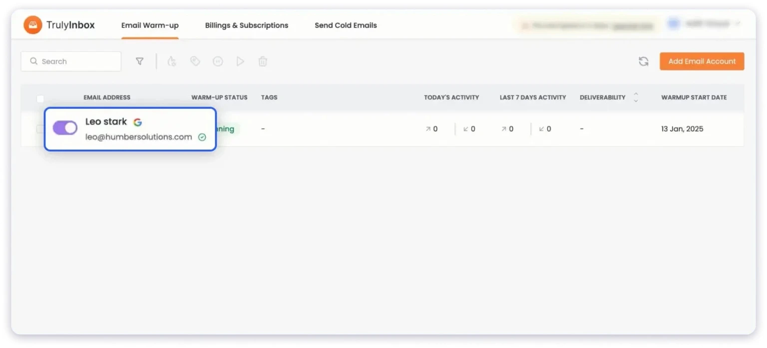 Enable email warm up on TrulyInbox