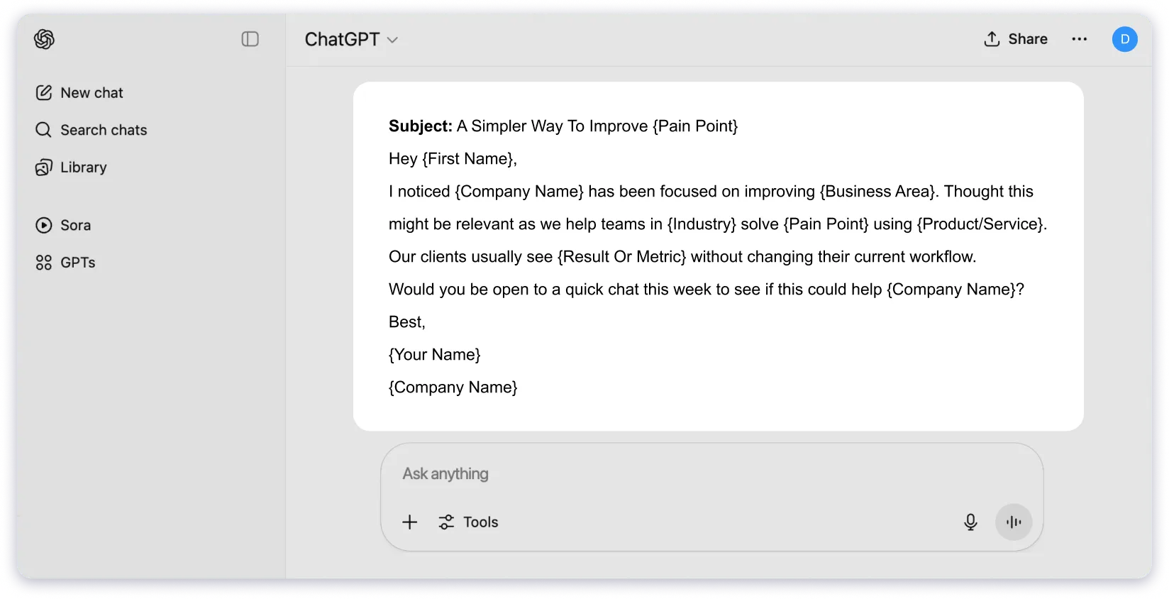 ChatGPT Cold Email Prompt For Generic Cold Email Outreach