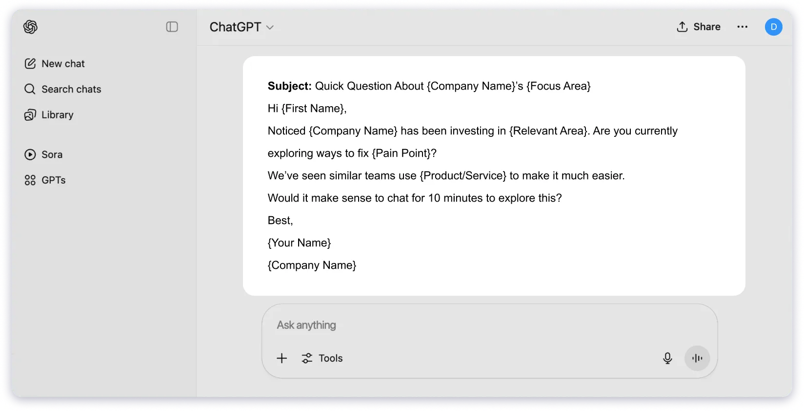 ChatGPT Cold Email Prompt For Short “Quick Question”