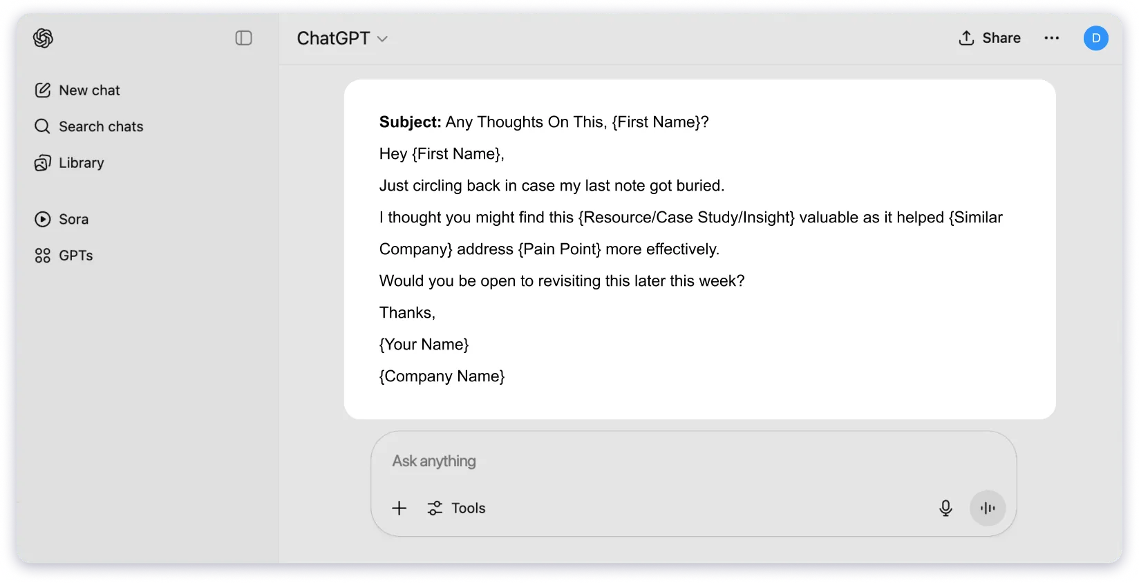 ChatGPT Cold Email Prompt For Friendly Follow-Up Email When No Response