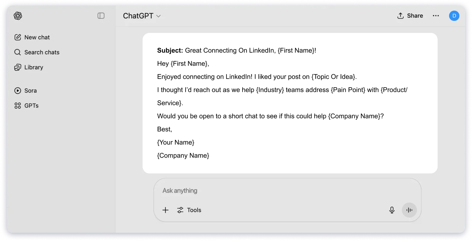 ChatGPT Cold Email Prompt For a LinkedIn Connection