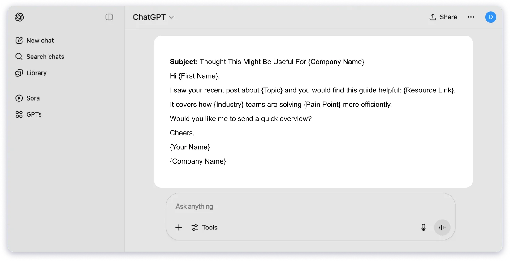 ChatGPT Cold Email Prompt For Resource-Sharing / Adding-Value