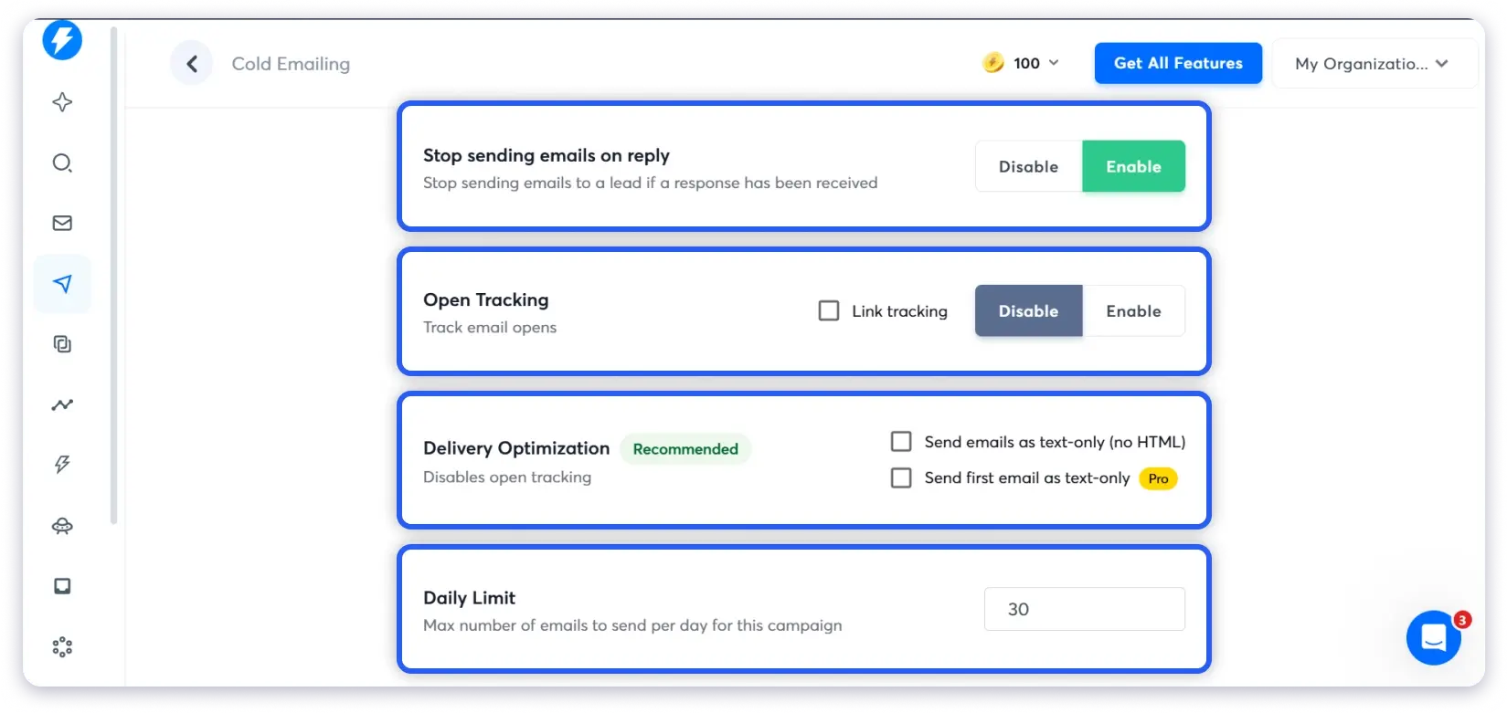 Deliverablity features of Instantly