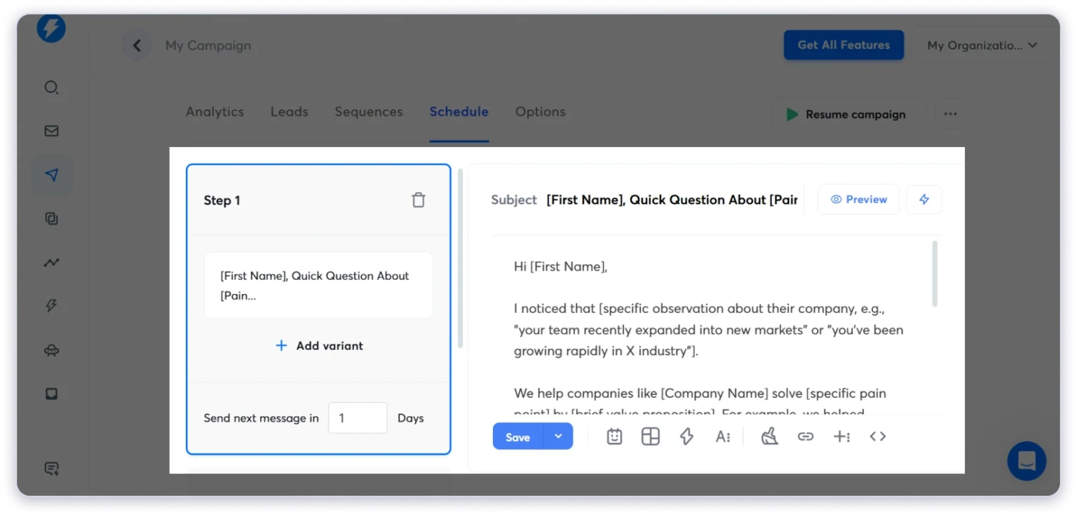 Instantly's cold email personalization feature