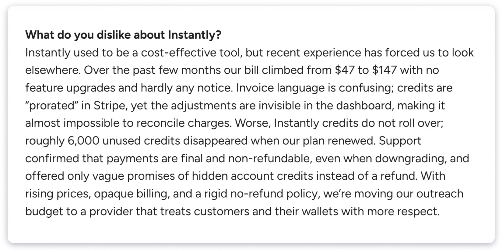 Instantly's user review on  non-transparent pricing plans