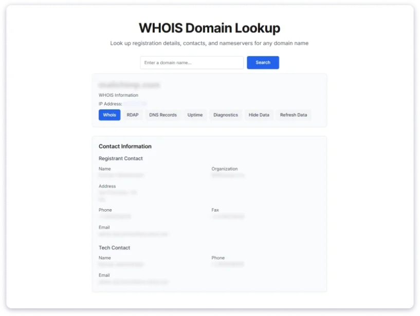 WHOIS domain lookup to find contact details (including phone numbers)