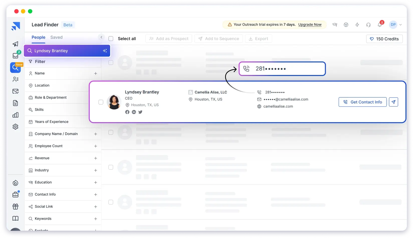 Screenshot of finding phone number with name search in Saleshandy