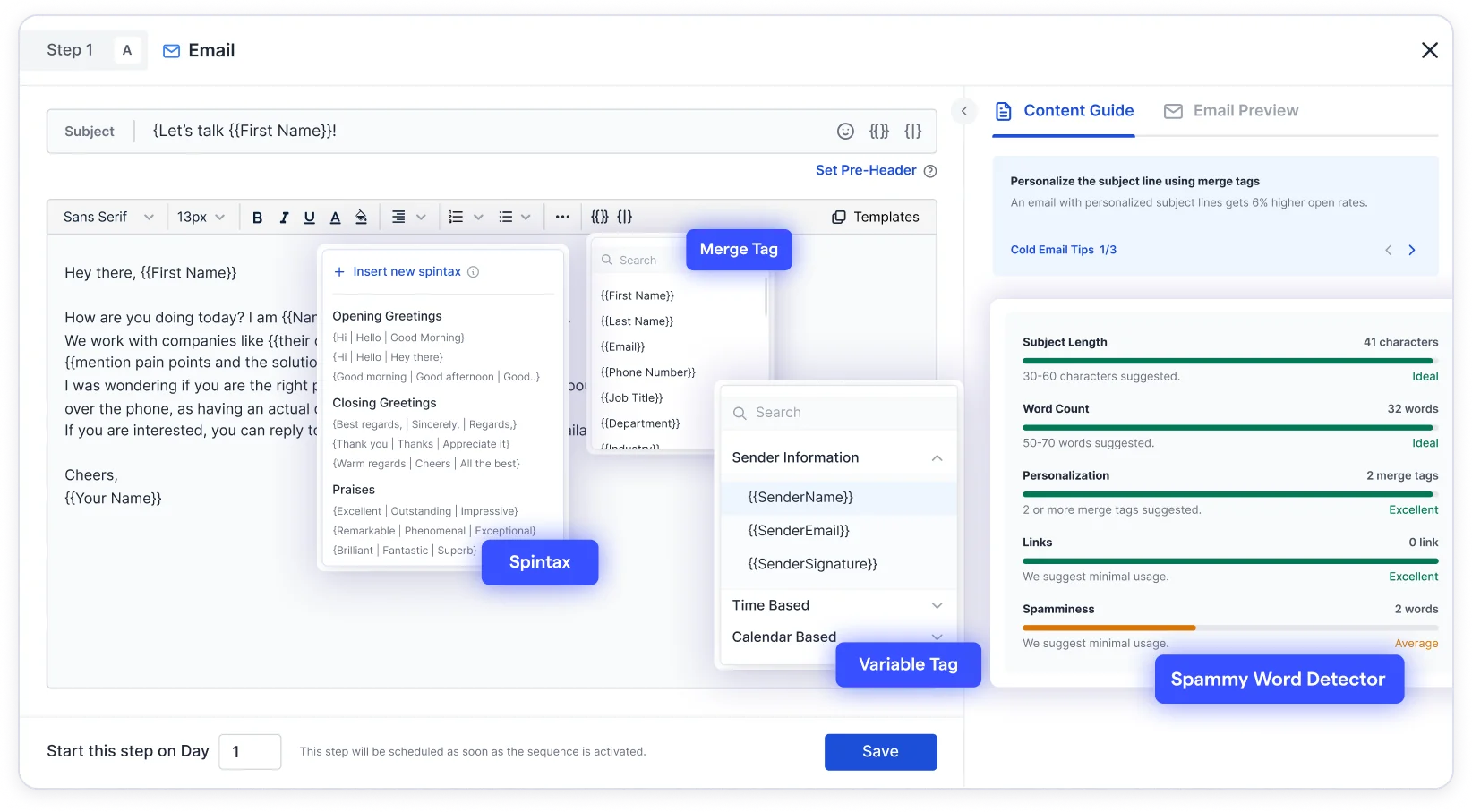 Saleshandy's cold email personalization feature