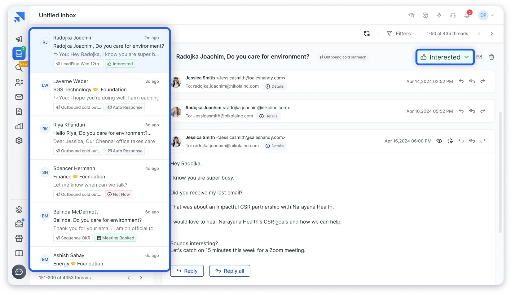 Saleshandy's unified inbox for reply management
