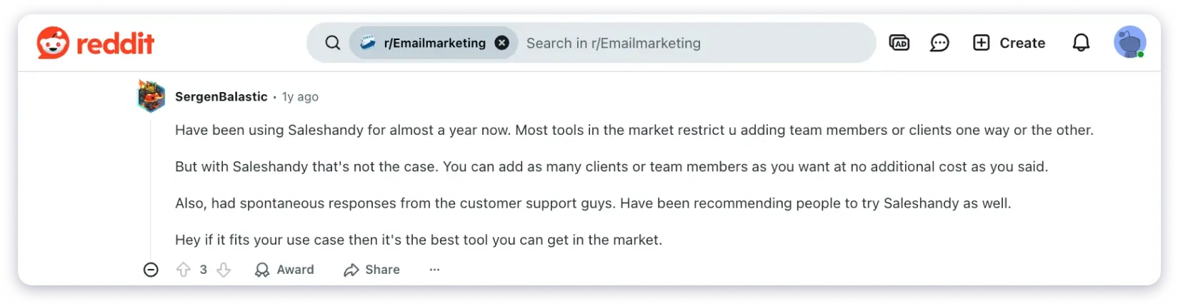 Saleshandy user review praising agency features