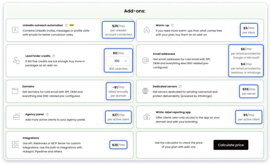 woodpecker add on pricing plans
