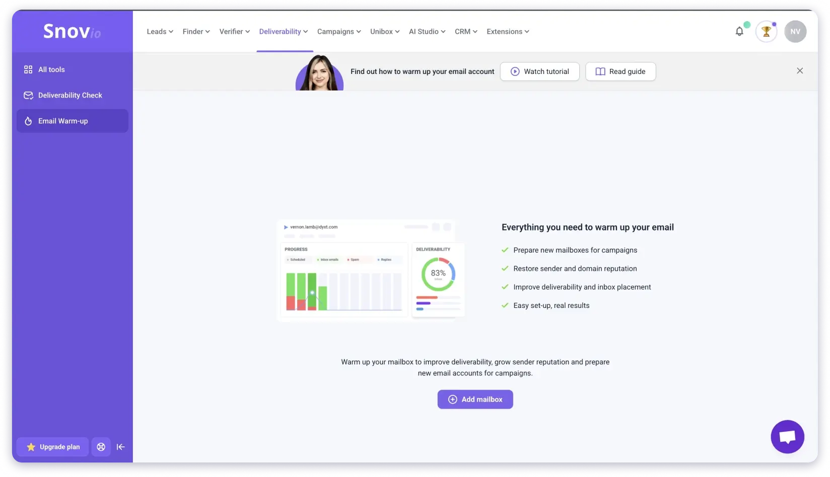Snov.io's email warmup tool