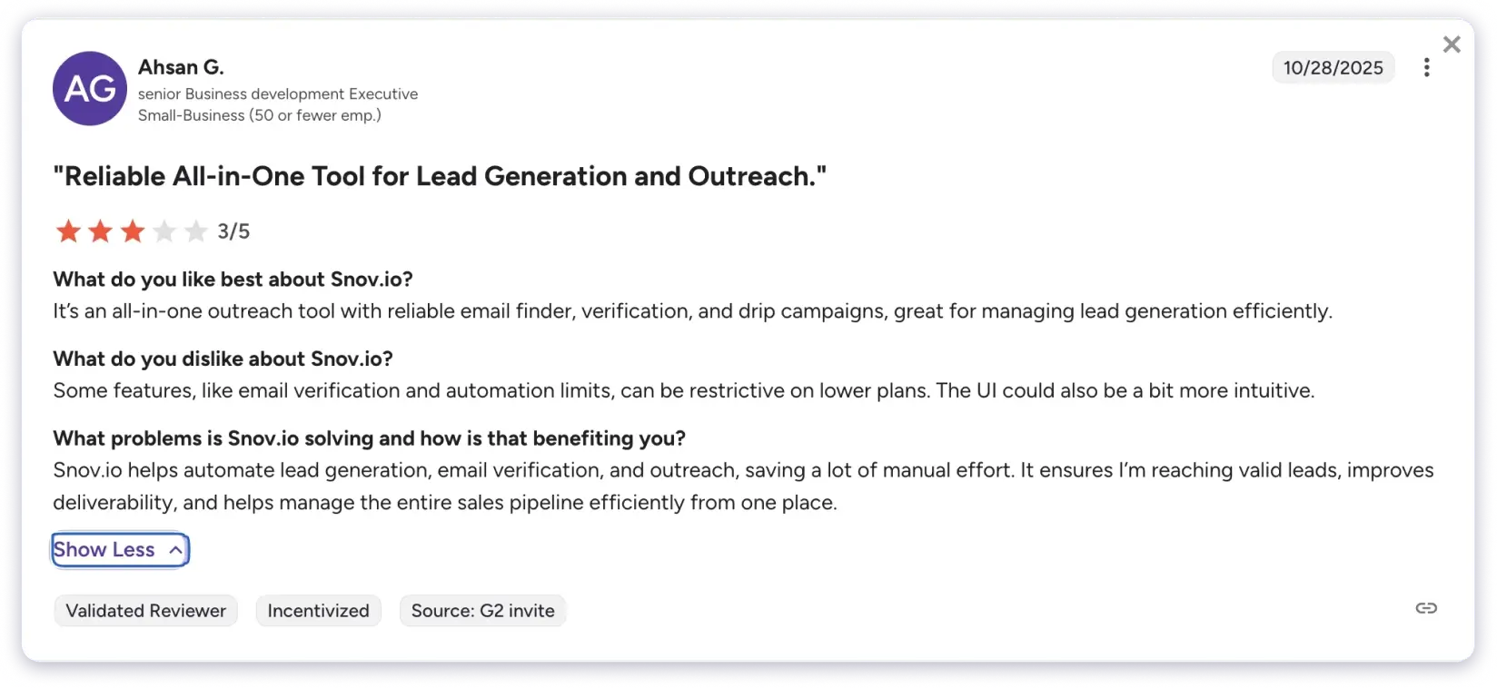 Snov.io users review on G2