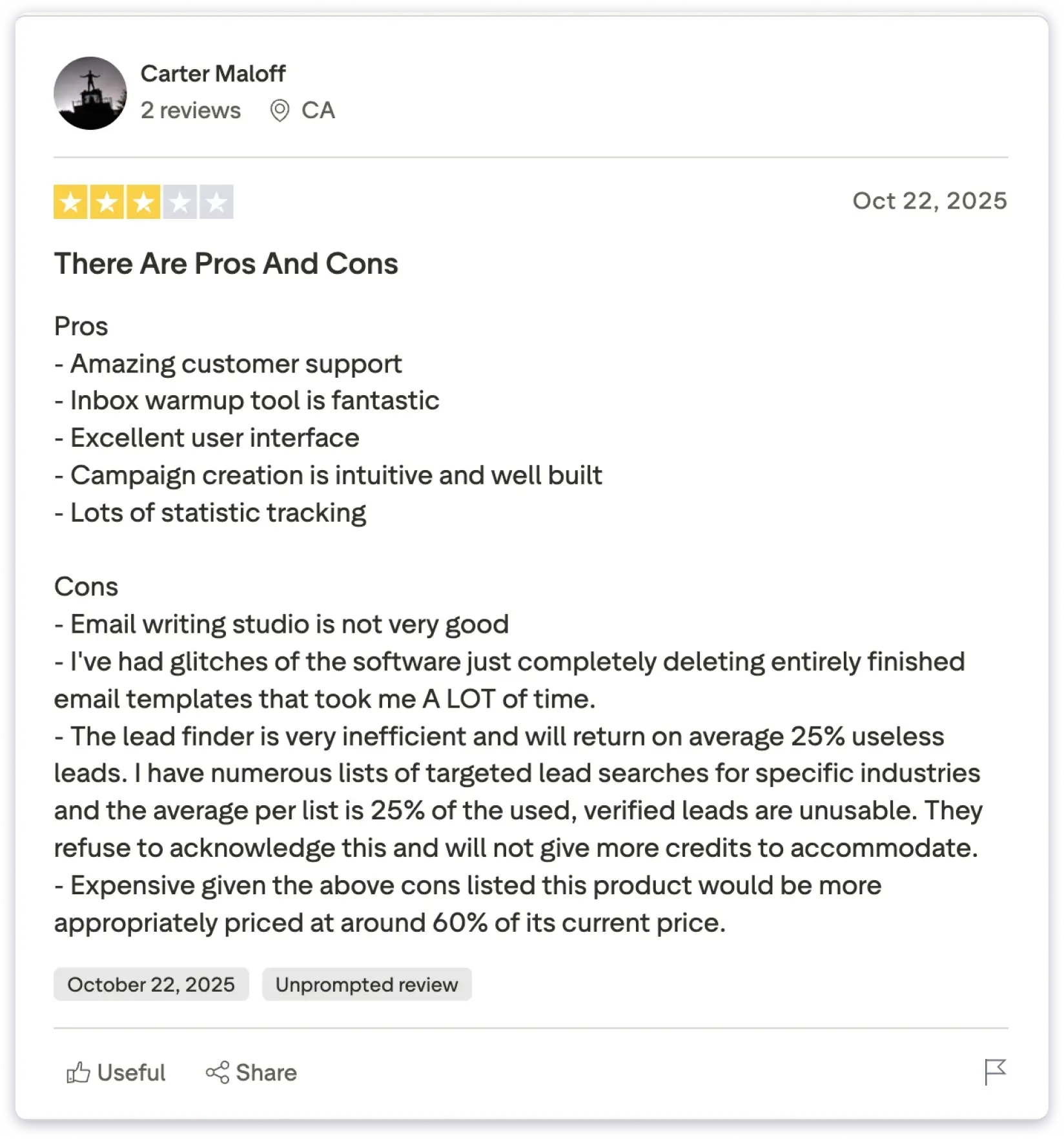 Snov.io's Trustpilot user review