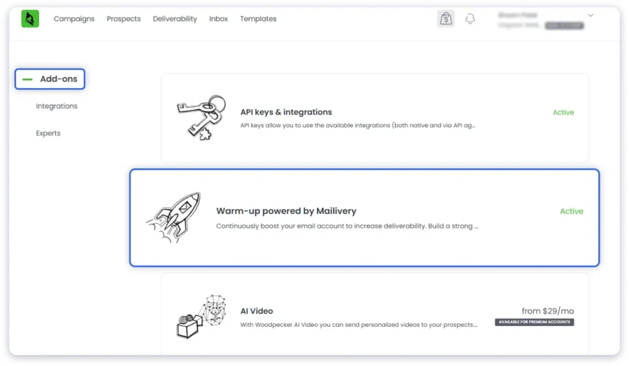 cold email warm up add on in woodpecker
