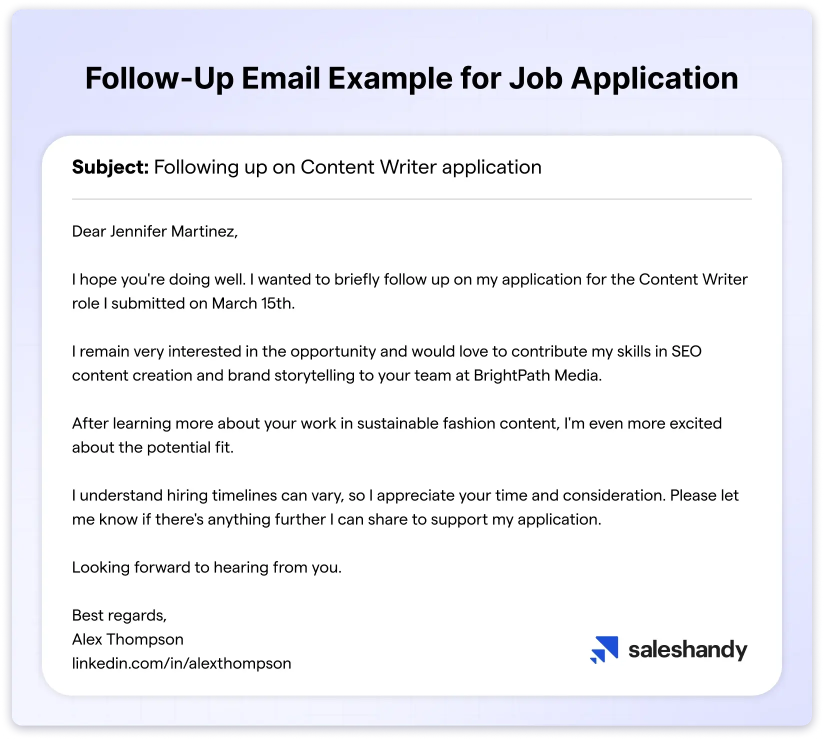 Follow up email example of job application