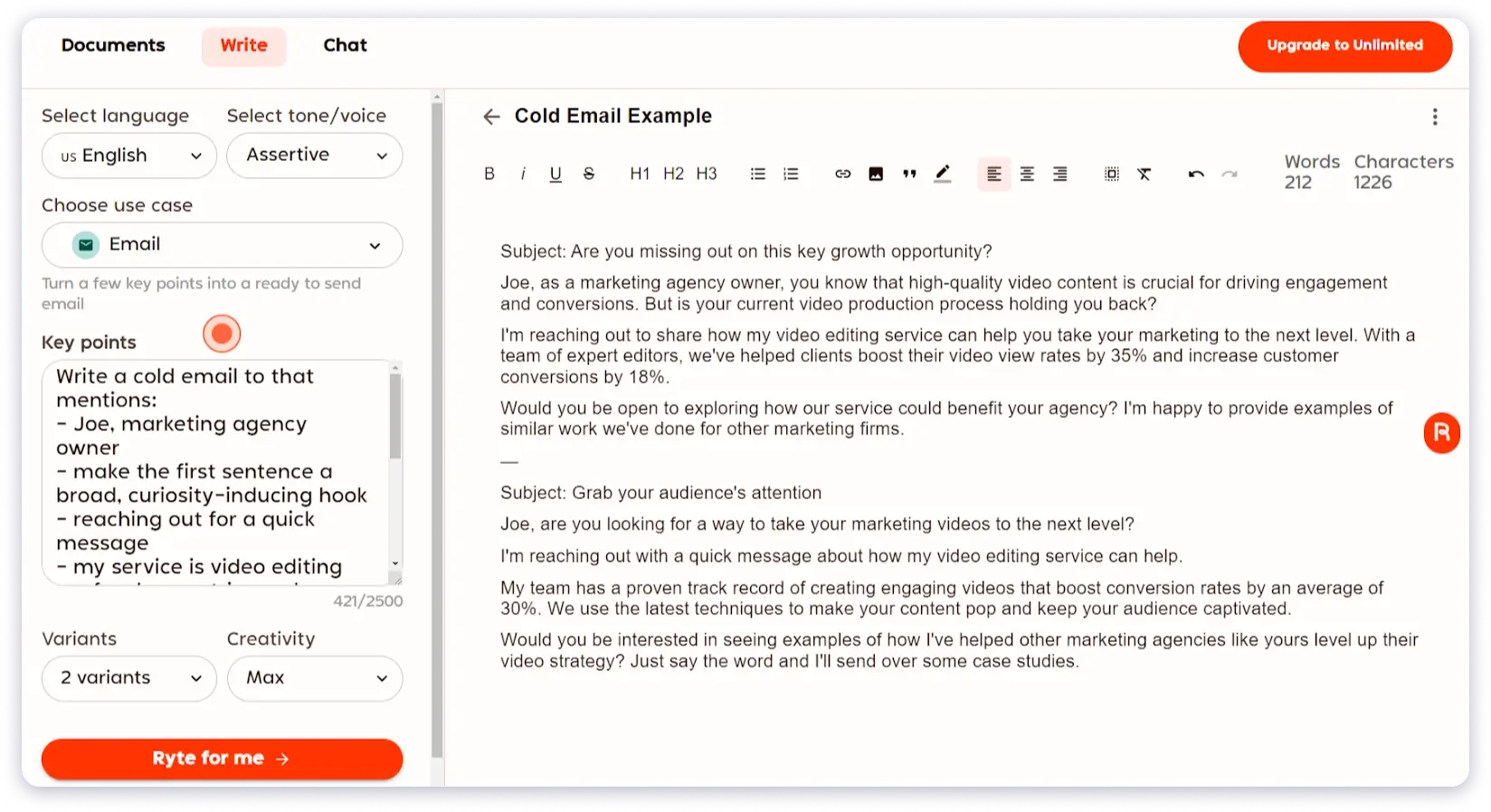 Rytr AI Email Writing Tool