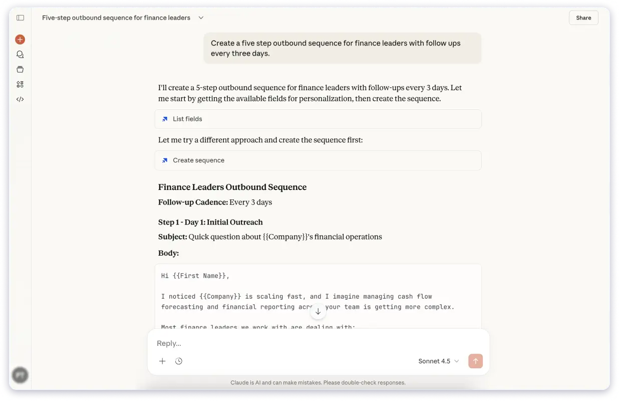 Simple Prompt in Claude for Saleshandy MCP