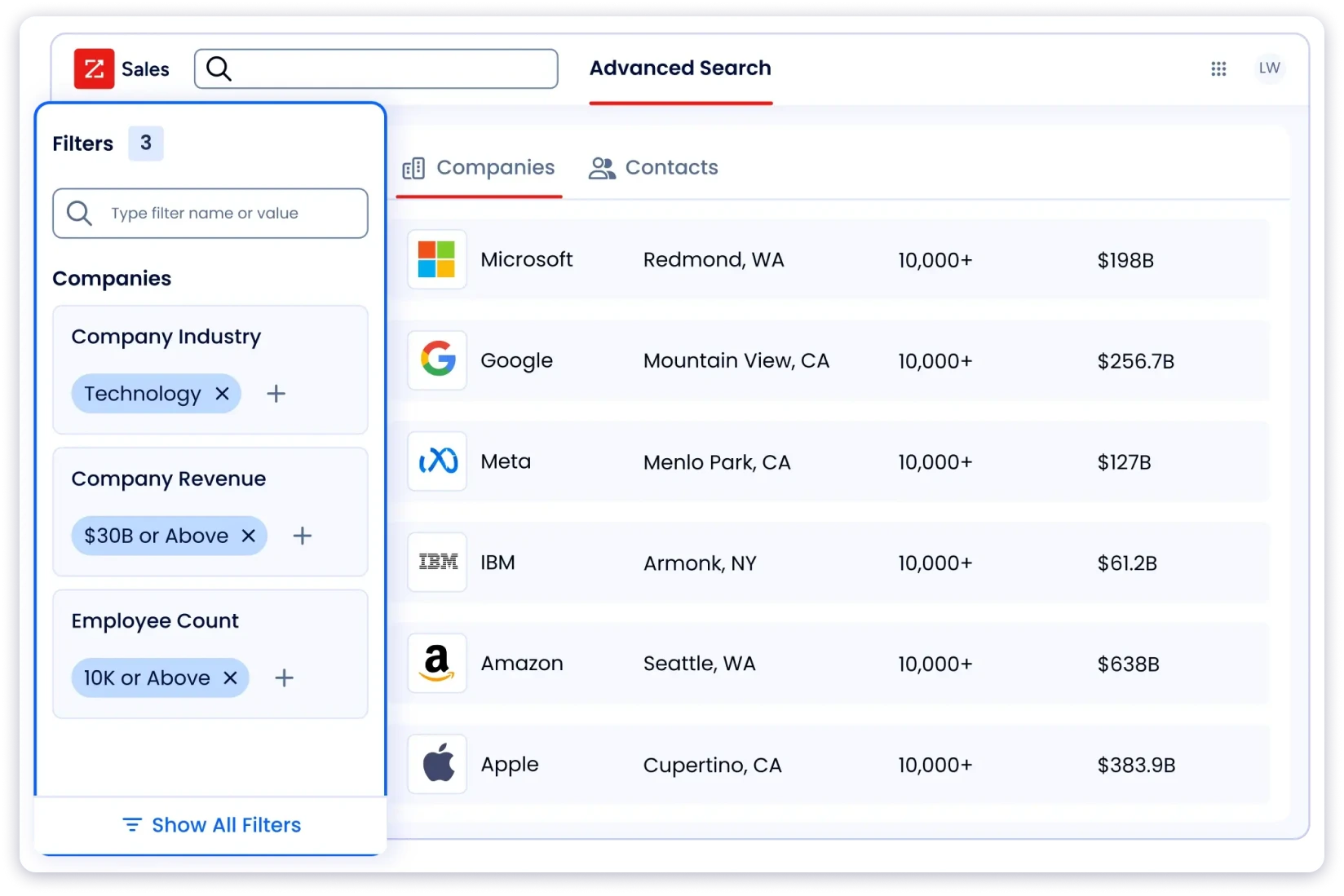 Zoominfo Advance search feature to find the right prospect.