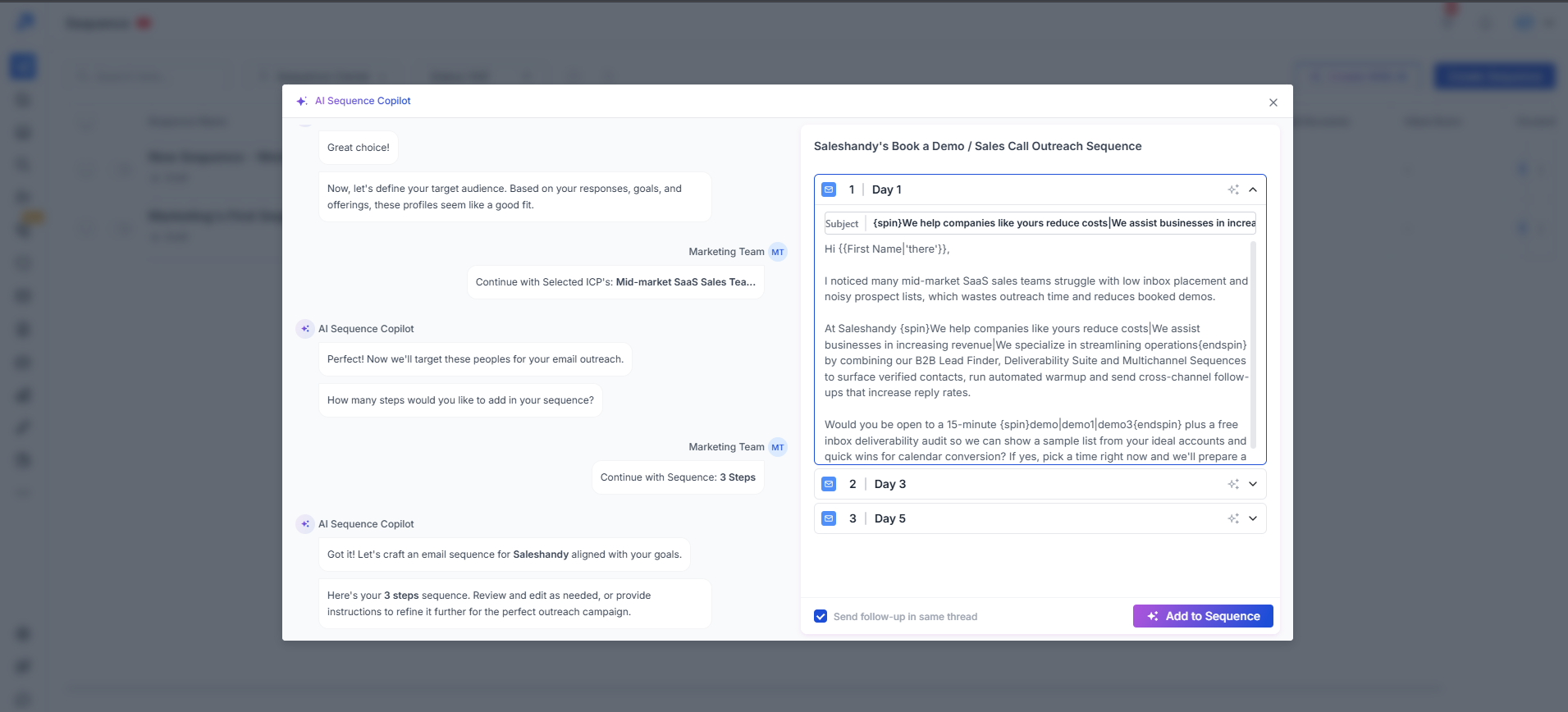 Saleshandy cold email sequence AI generator 