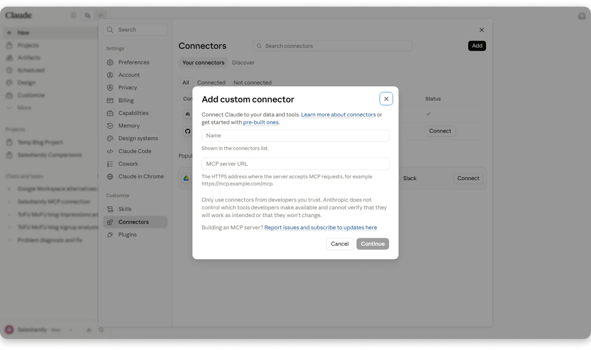 Add custom connector in Saleshandy