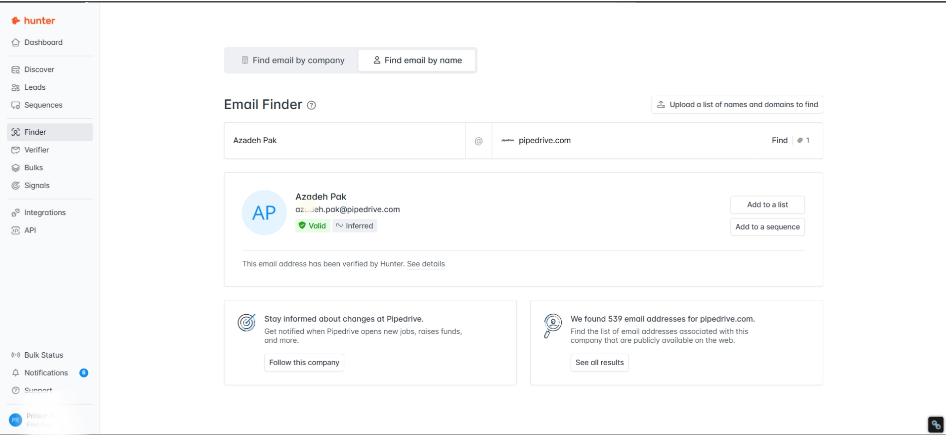 Hunter.io email finder tool