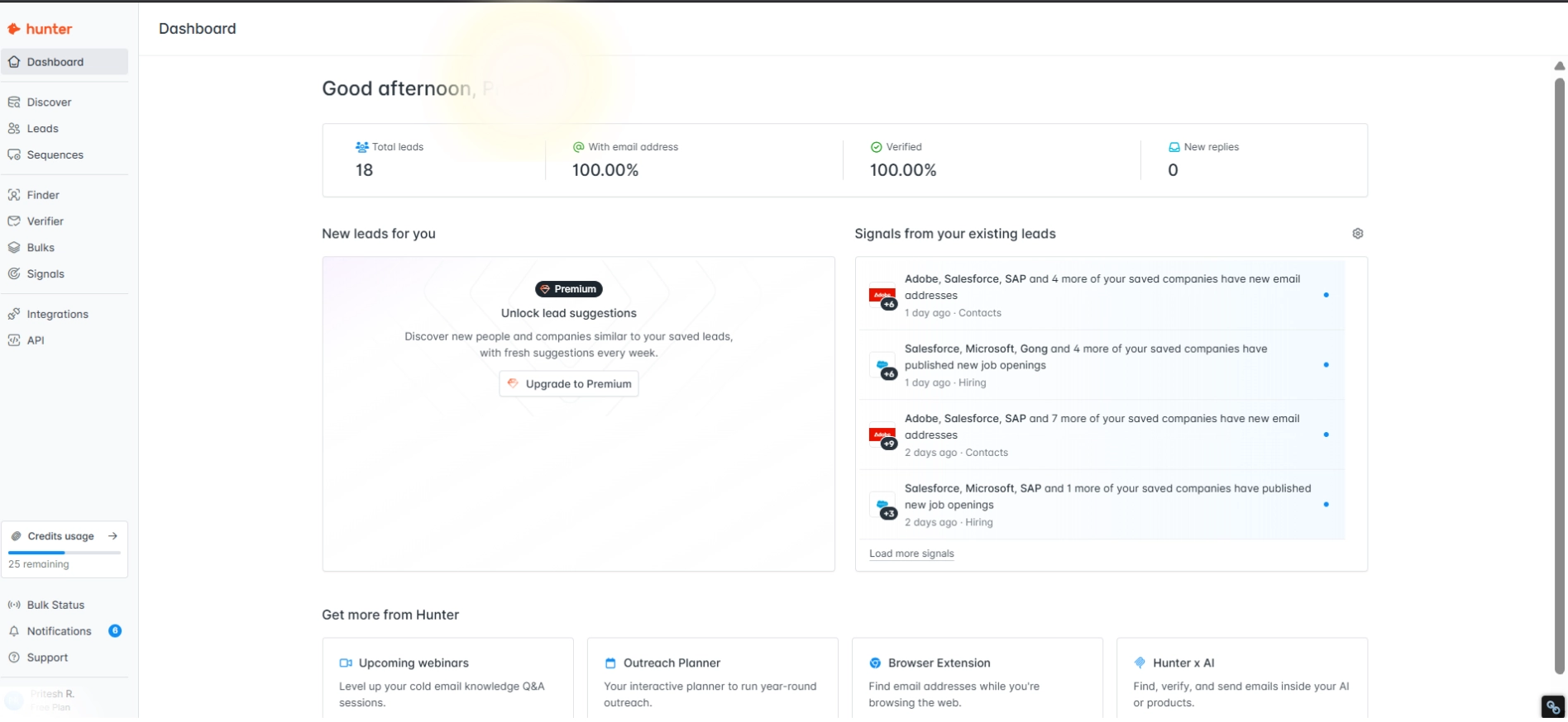 Hunter.io onboarding dashboard