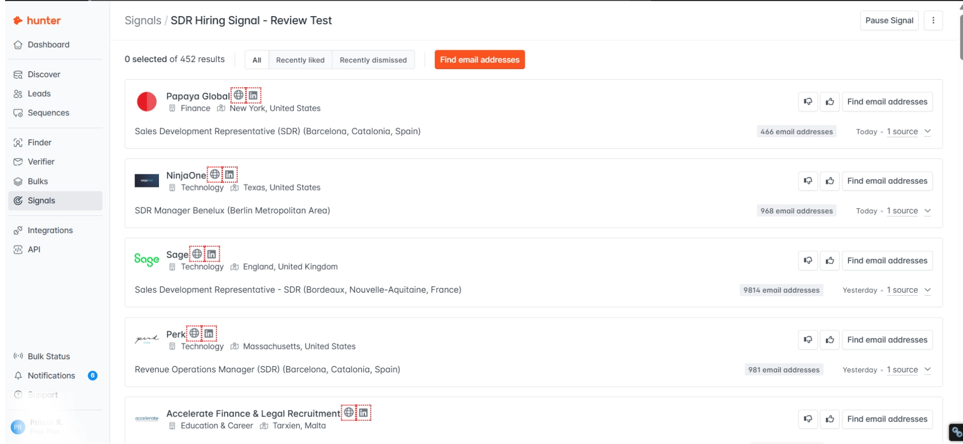 Hunter.io signals dashboard