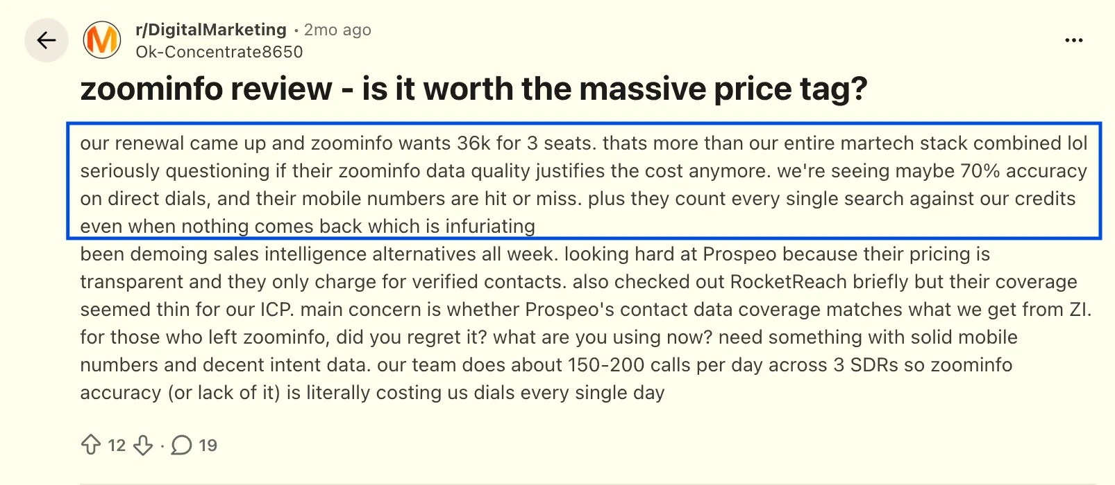 Reddit Thread on ZoomInfo's Pricing